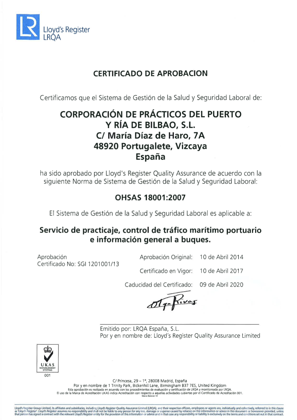 Certificado en OHSAS 18001:2007