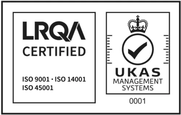 LRQA Certified · UKAS Management Systems · ISO 9001 · ISO 14001 · ISO 45001